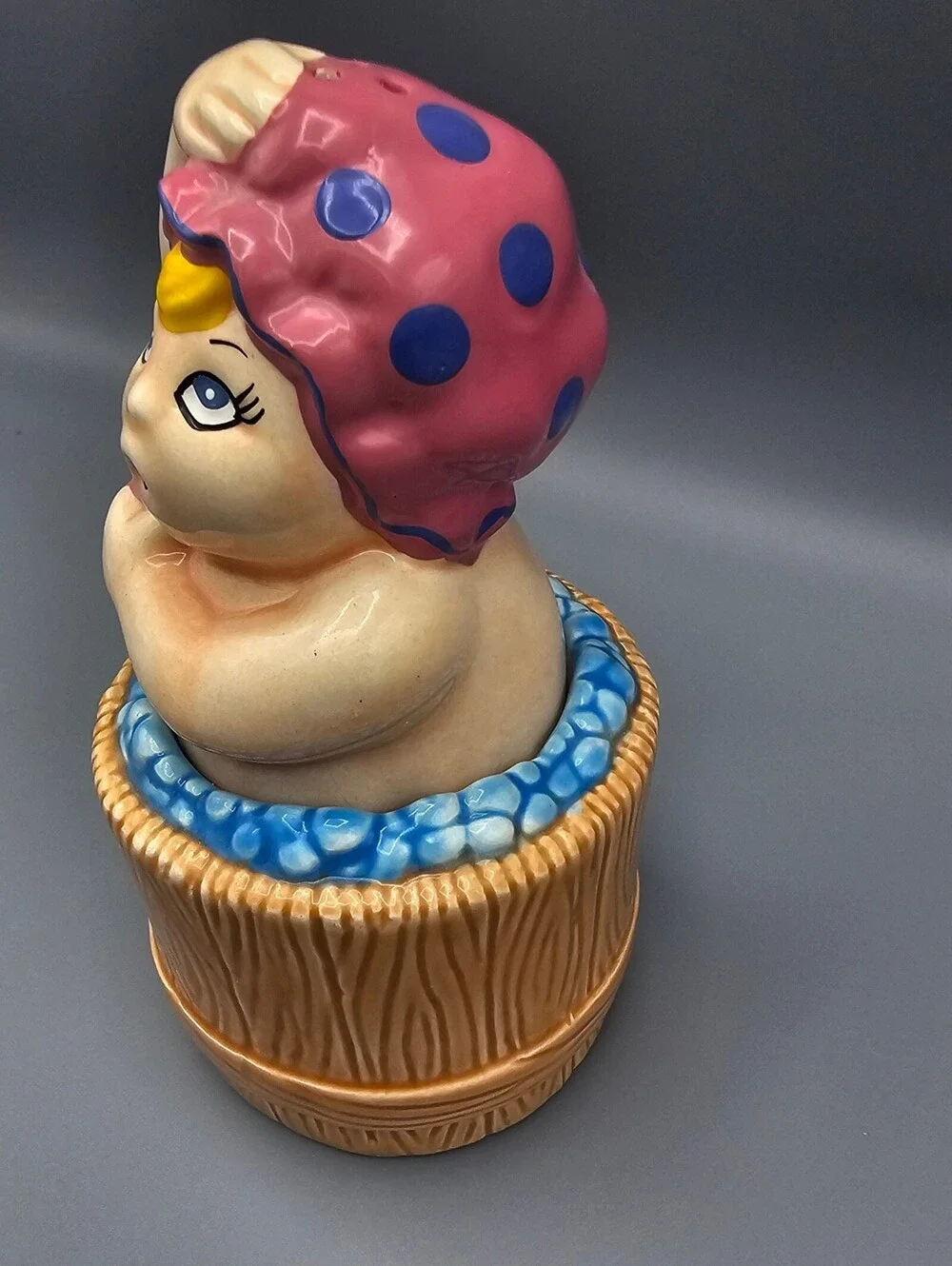 Vintage Ceramic Bathing Girl with Pink Polka Dot Cap Salt and Pepper Shakers